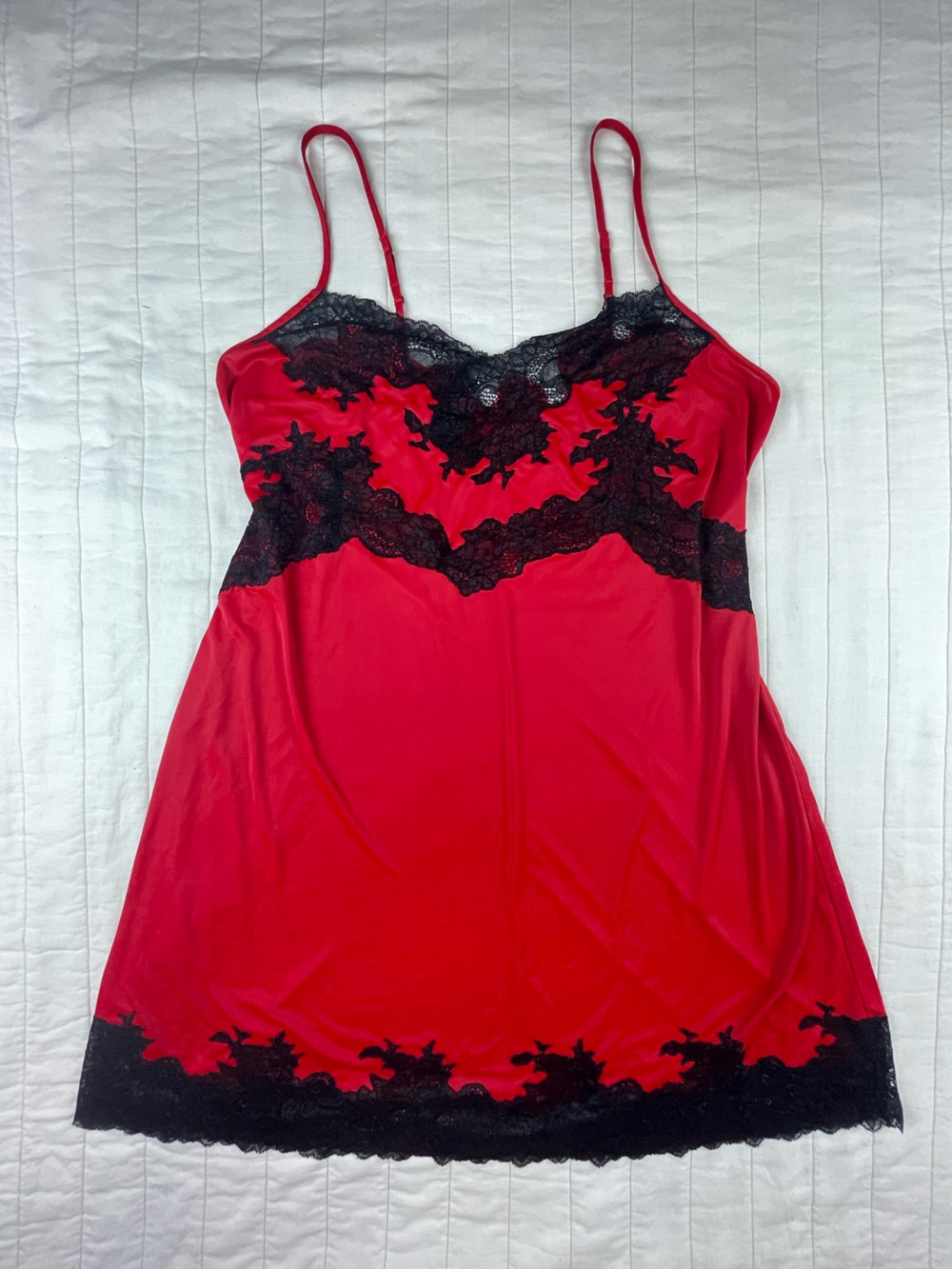 Natori Red Satin Chemise with Black Lace Accents medium
